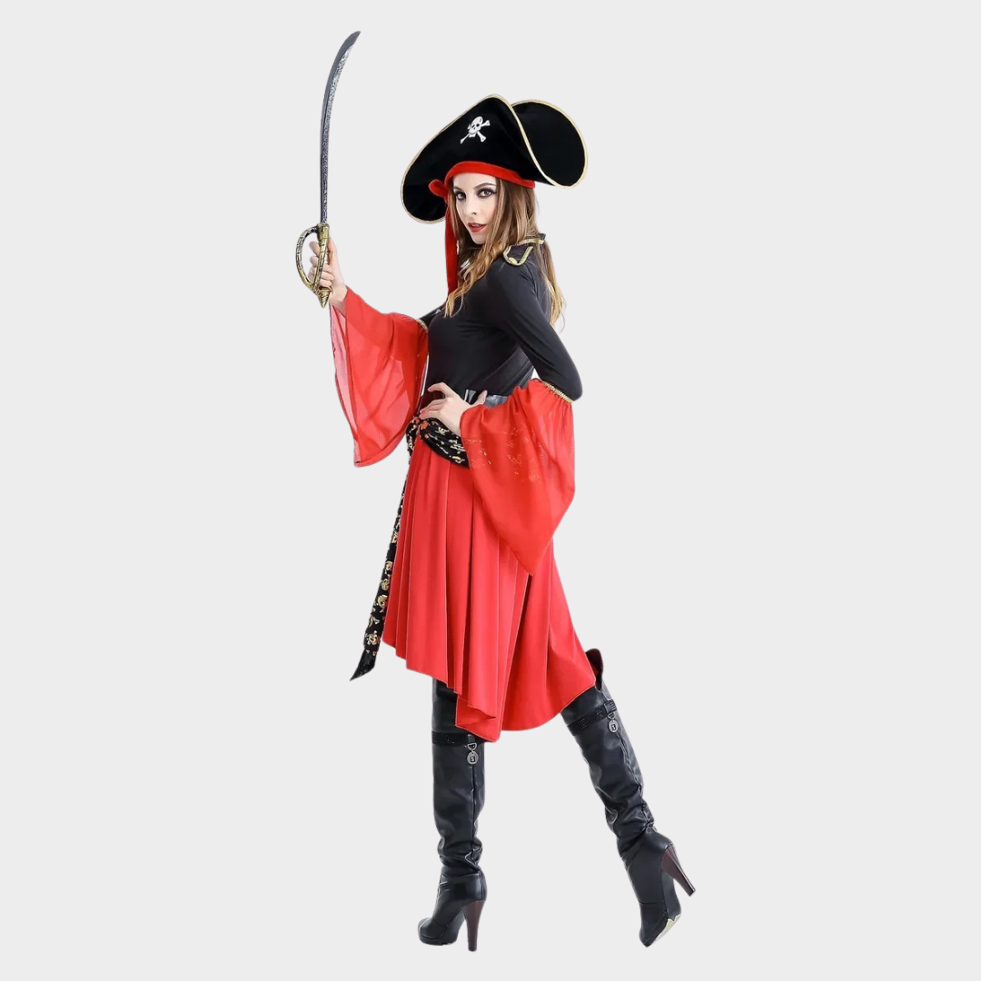 Women Caribbean Pirate Captain Halloween Costume – Gothic Cosplay Outfit Inspired by Jack – Fancy Role Play Party Suit – Red