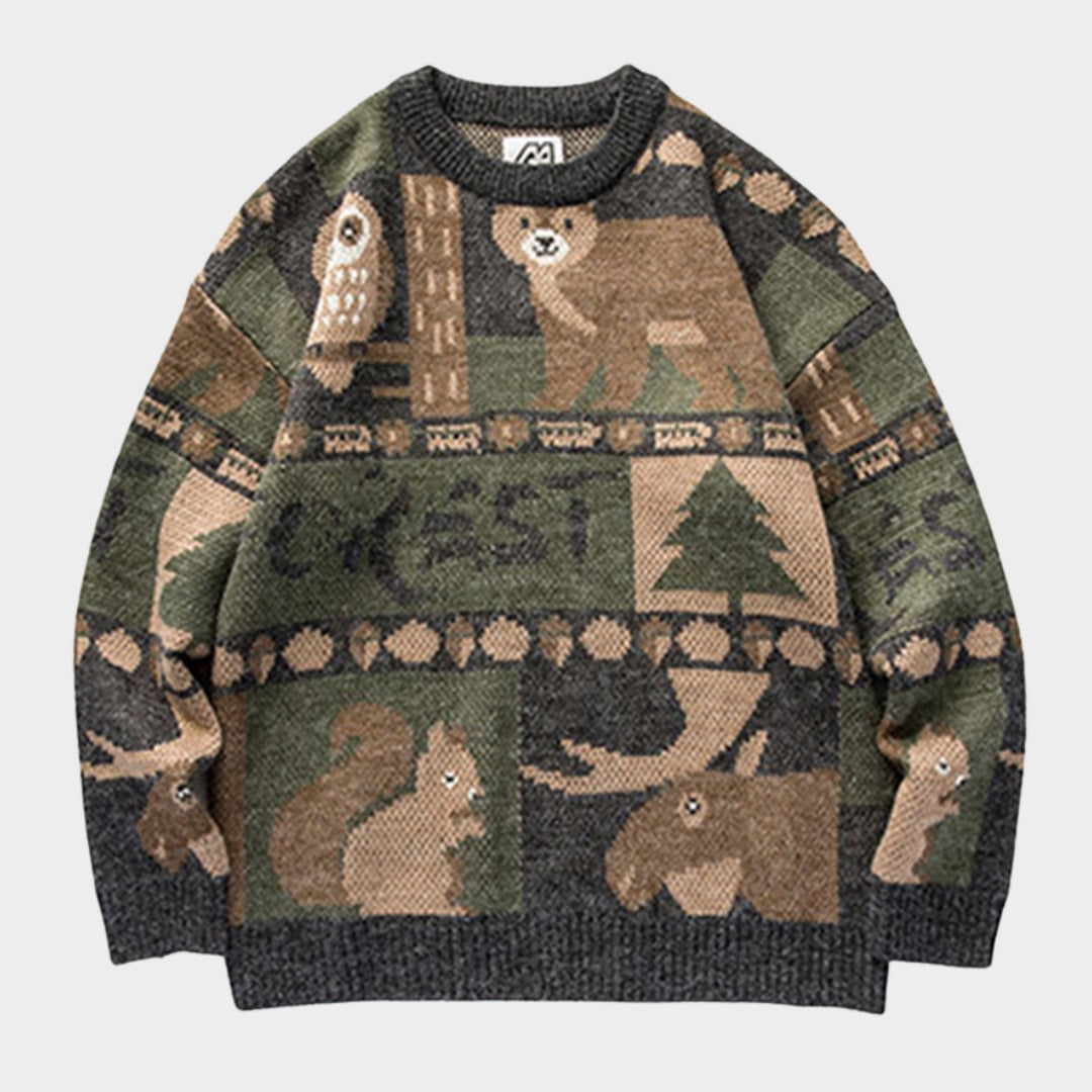Mens Winter Vintage Sweater - Japanese Cute Bear Knitted Harajuku Streetwear, Black & White
