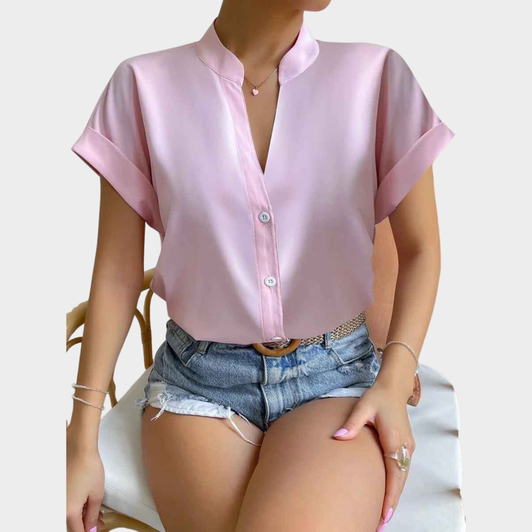 Women Bodycon Blouse – PU Leather Shirt with Fold Detail and Button Collar – Multiple Colours