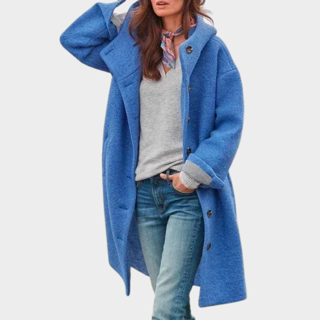 Women Elegant Long Sleeve Woolen Coat – Notch Collar Hooded Outerwear – Tailored Fit Warm Polyester Blend – Multiple Colours
