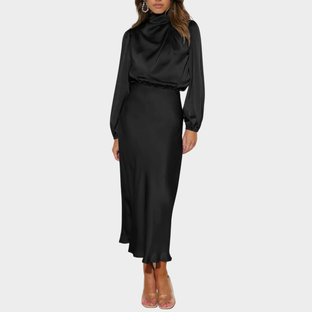Women's Satin Long Sleeve Dress – Elegant Evening Wear – Lantern Sleeves – Bodycon Fit – Multiple Colours