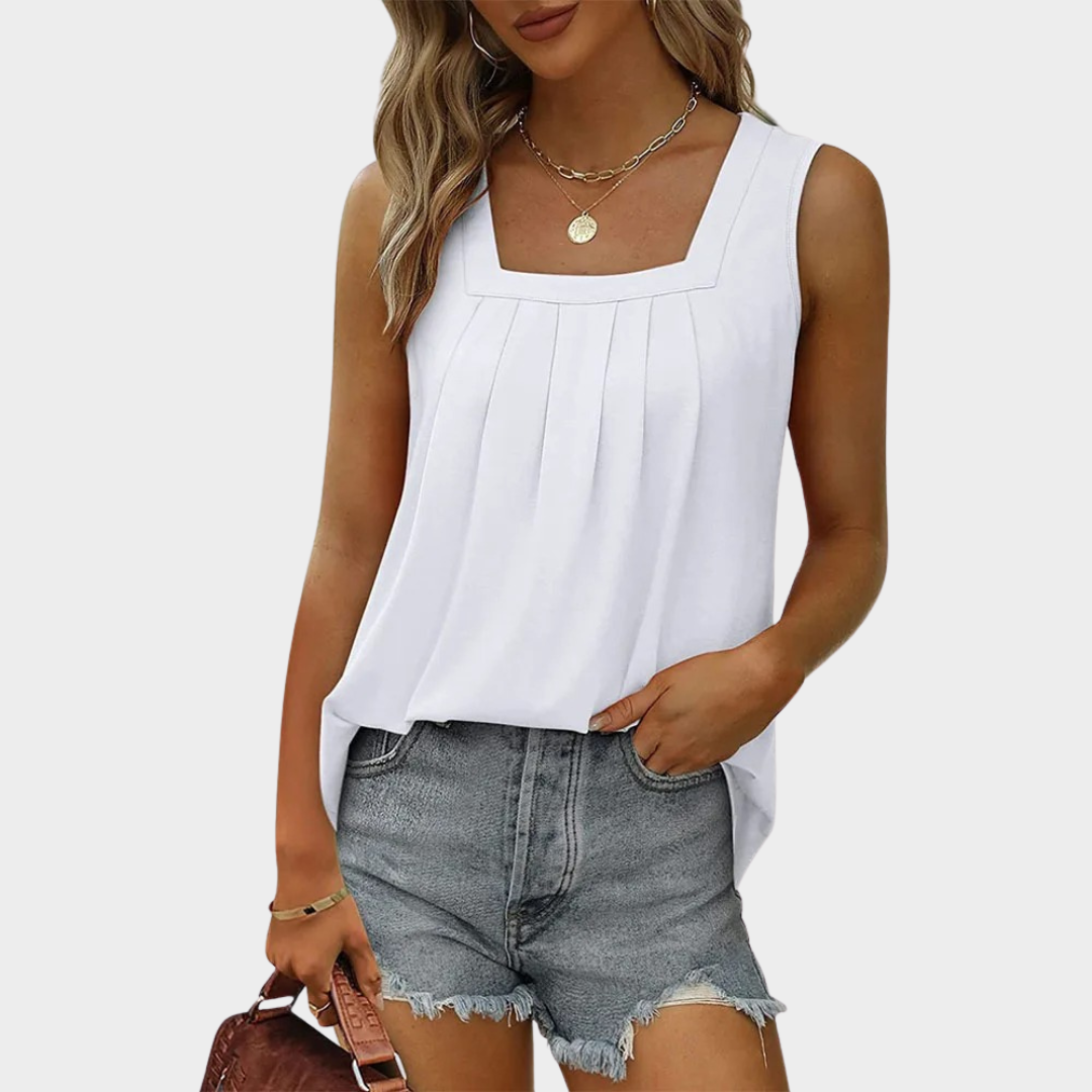 Women’s Sleeveless Pleated Blouse – Square Neck Loose Fit Top – Soft Lightweight Fabric – Smart Casual Style – Solid Colour – Multiple Colours
