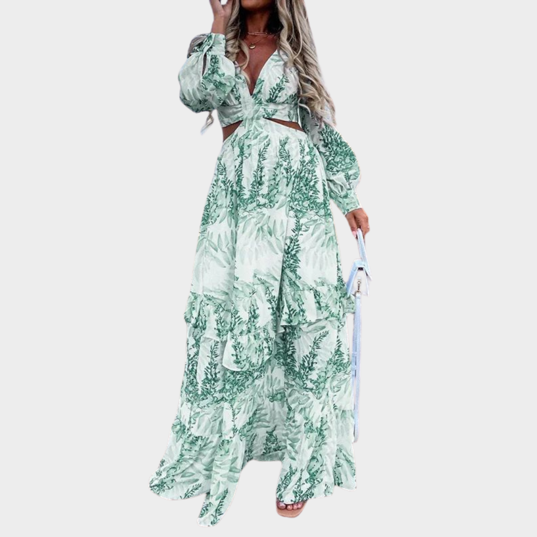 Women's Long Sleeve Maxi Dress – Elegant Deep V-Neck – Hollow Out Ruffle Design – Fashion Print – Multiple Colours