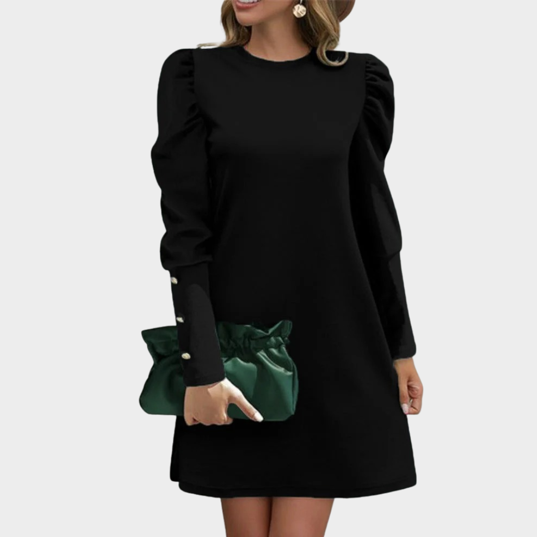 Women’s Dress – Elegant Puff Sleeve Button Detail Round Neck Solid Style – Multiple Colours