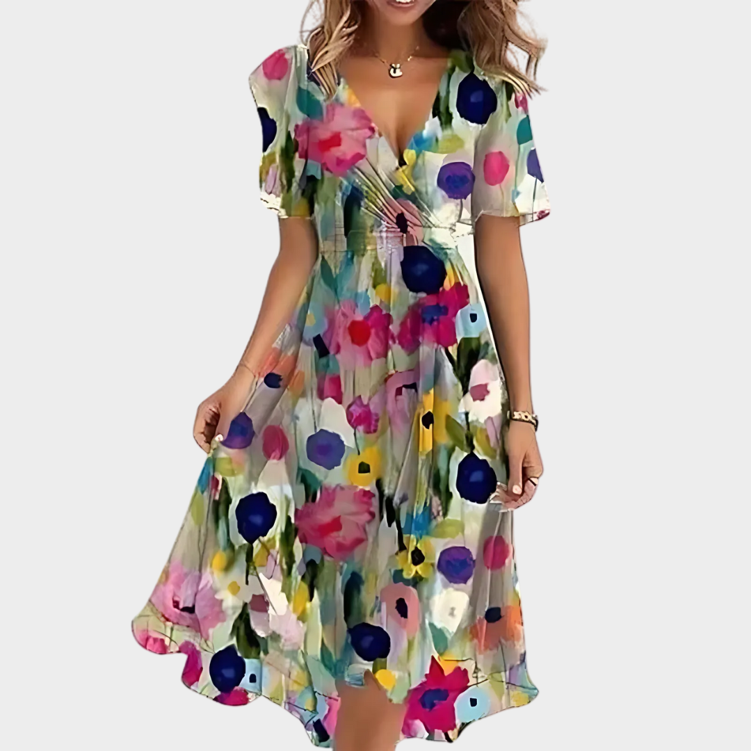 Women's Chiffon Mini Dress – V Neck – Floral Print – High Waist – Short Sleeve – Lightweight A-Line – Multiple Colours
