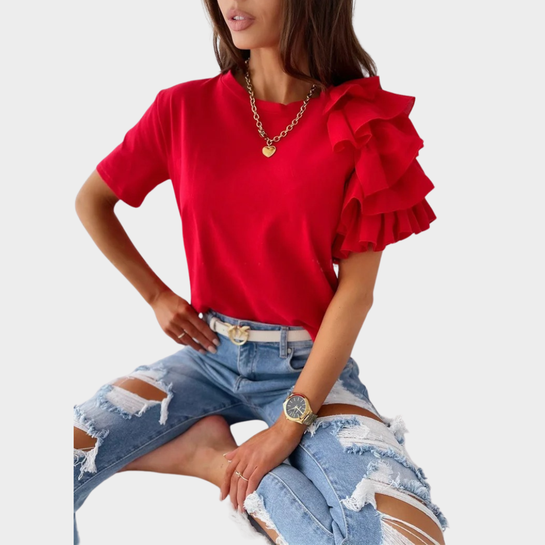 Women’s Ruffle Sleeve Loose Fit T-Shirt – Solid Colour O-Neck Casual Blouse – Lightweight Soft Fabric – Multiple Colours