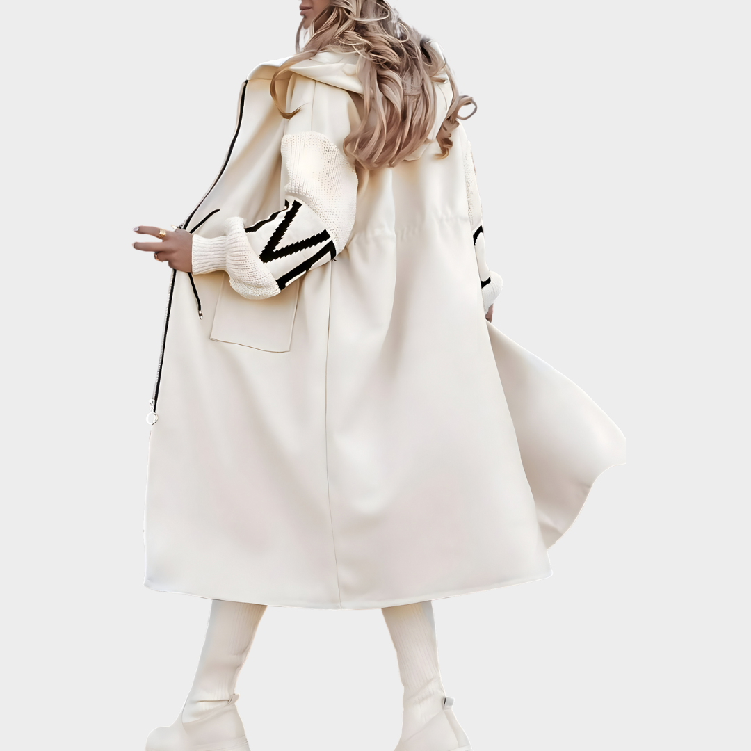 Women's Long Hooded Coat – Patchwork Knitted Sleeves – Drawstring Waist – Warm & Stylish – Multiple Colours