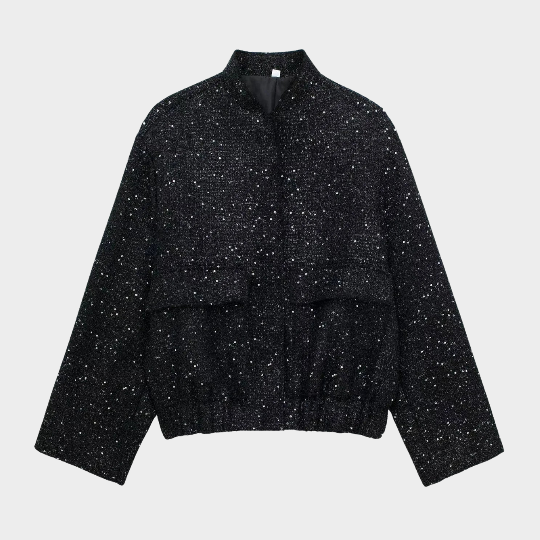 Women's Sequined Bomber Jacket – Long Sleeve – Zip-Up – Stretch Hem – Chic Outerwear – Multiple Colours