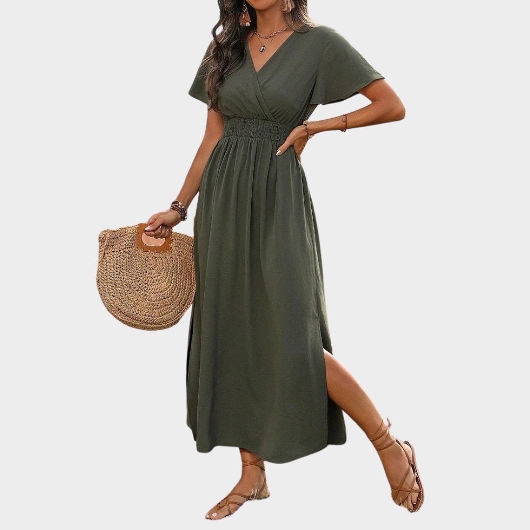 Women's A-Line Midi Dress – Short Sleeve V-Neck with Side Slit – Nipped Waist – Soft Lightweight Fabric – Multiple Colours