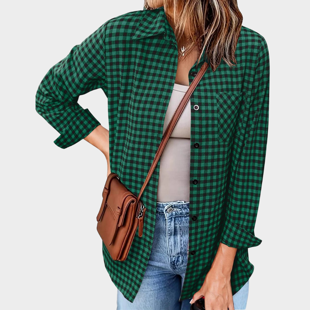 Women's Loose Plaid Shirt – Long-Sleeve Button-Up – Casual Lapel Top – Multiple Colours