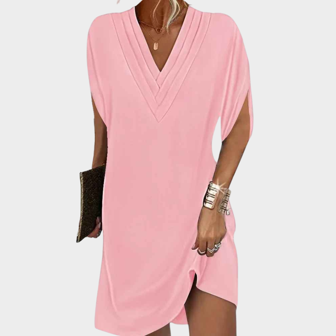Women V-Neck Pleated Dress – Bat Sleeve Loose Fit Solid Colour Elegant Style – Multiple Colours