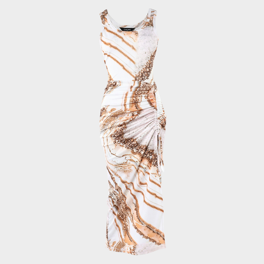 Women's Elegant Maxi Dress – Slim Fit Sleeveless Dress – Ruffle Strap & Split Hem – Vintage Party Dress – Beige