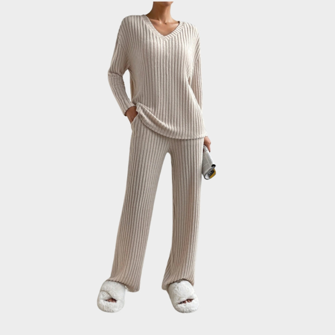 Women's Knitted Two-Piece Set - V-Neck Top & Straight-Leg Trousers - Soft & Comfortable - Multiple Colours