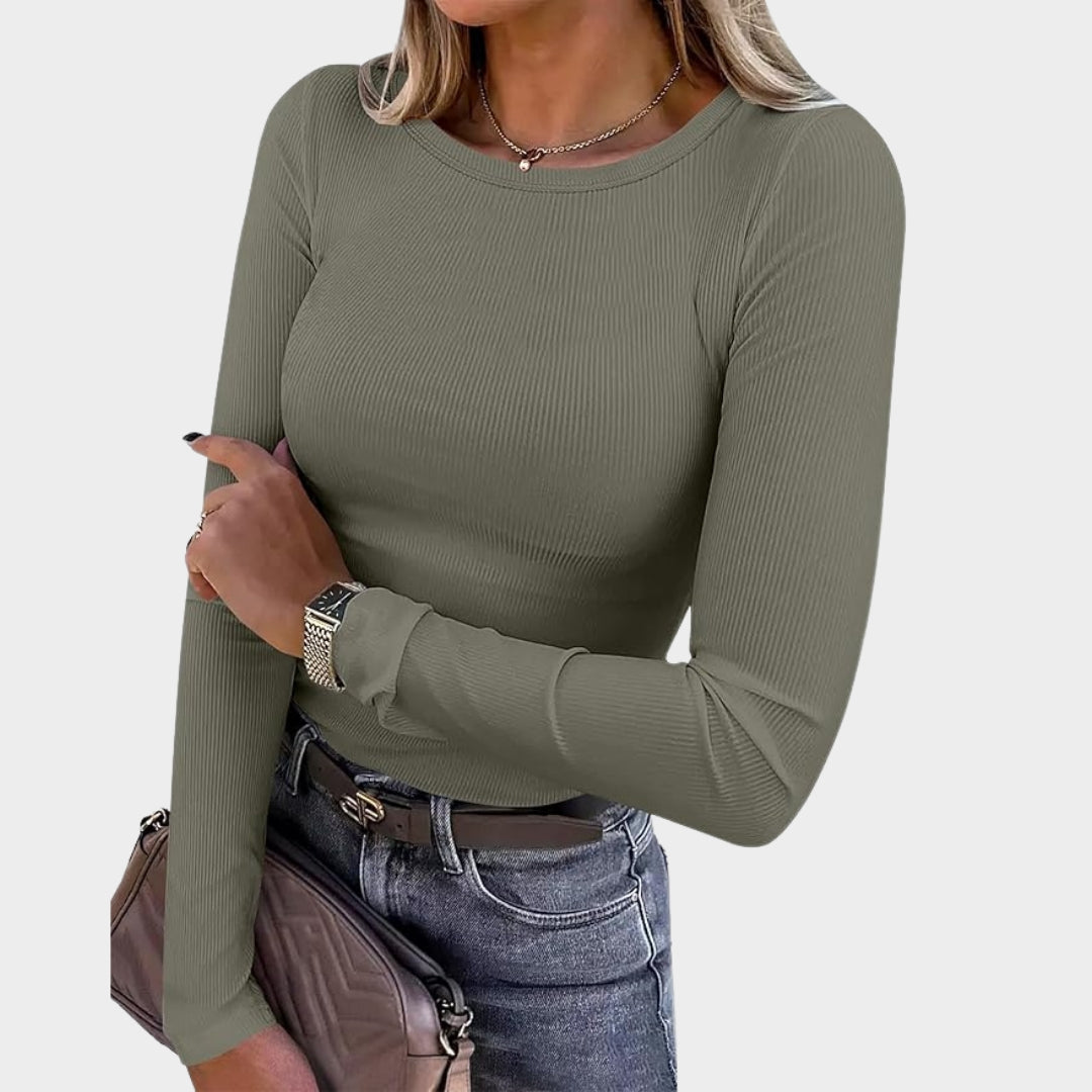 Women's Long-Sleeve Ribbed Knit Top - Crewneck - Slim Fit Basic Tee - Casual & Versatile - Multiple Colours