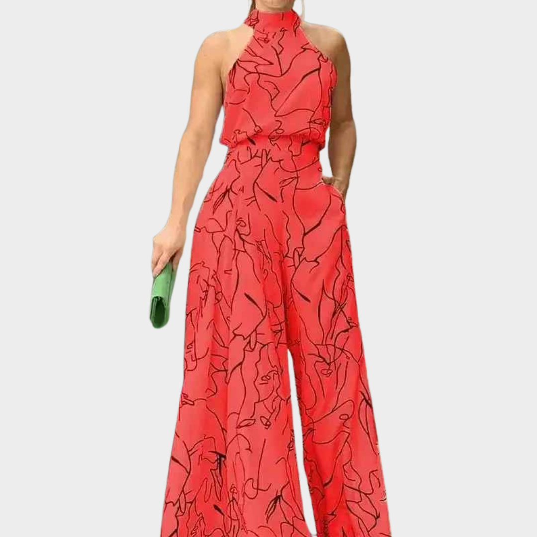 Women Sleeveless Wide Leg Jumpsuit – Elegant Printed Design with Belted Waist Cotton Blend – Multiple Colours