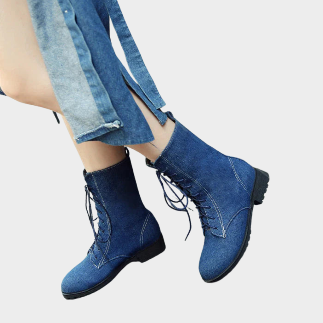 Women's Denim Ankle Boots – Chunky Heel – Lace-Up Design – Round Toe – Stylish & Comfortable – Multiple Colours