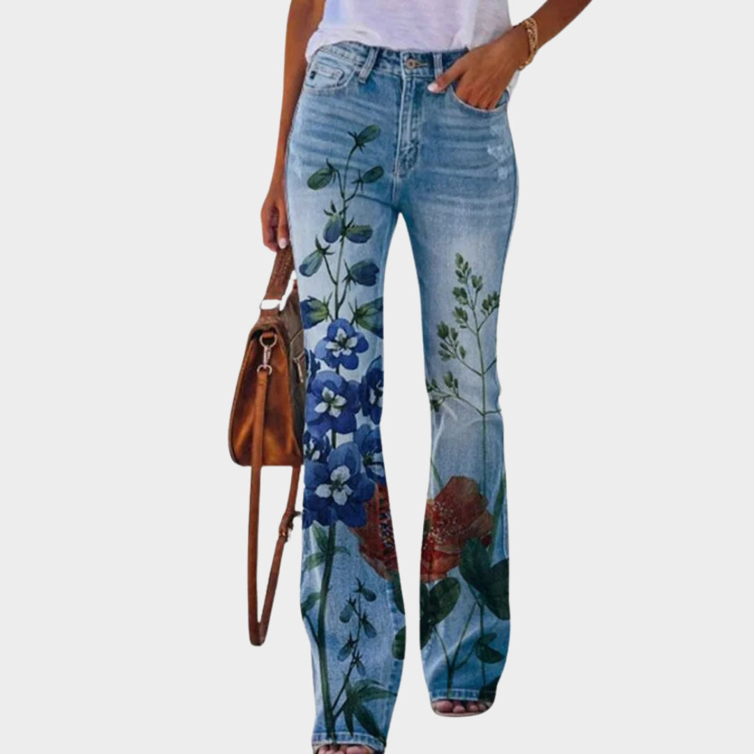 Women's Flare Jeans - High Waist - Printed Denim - Comfortable Fit - Multiple Colours