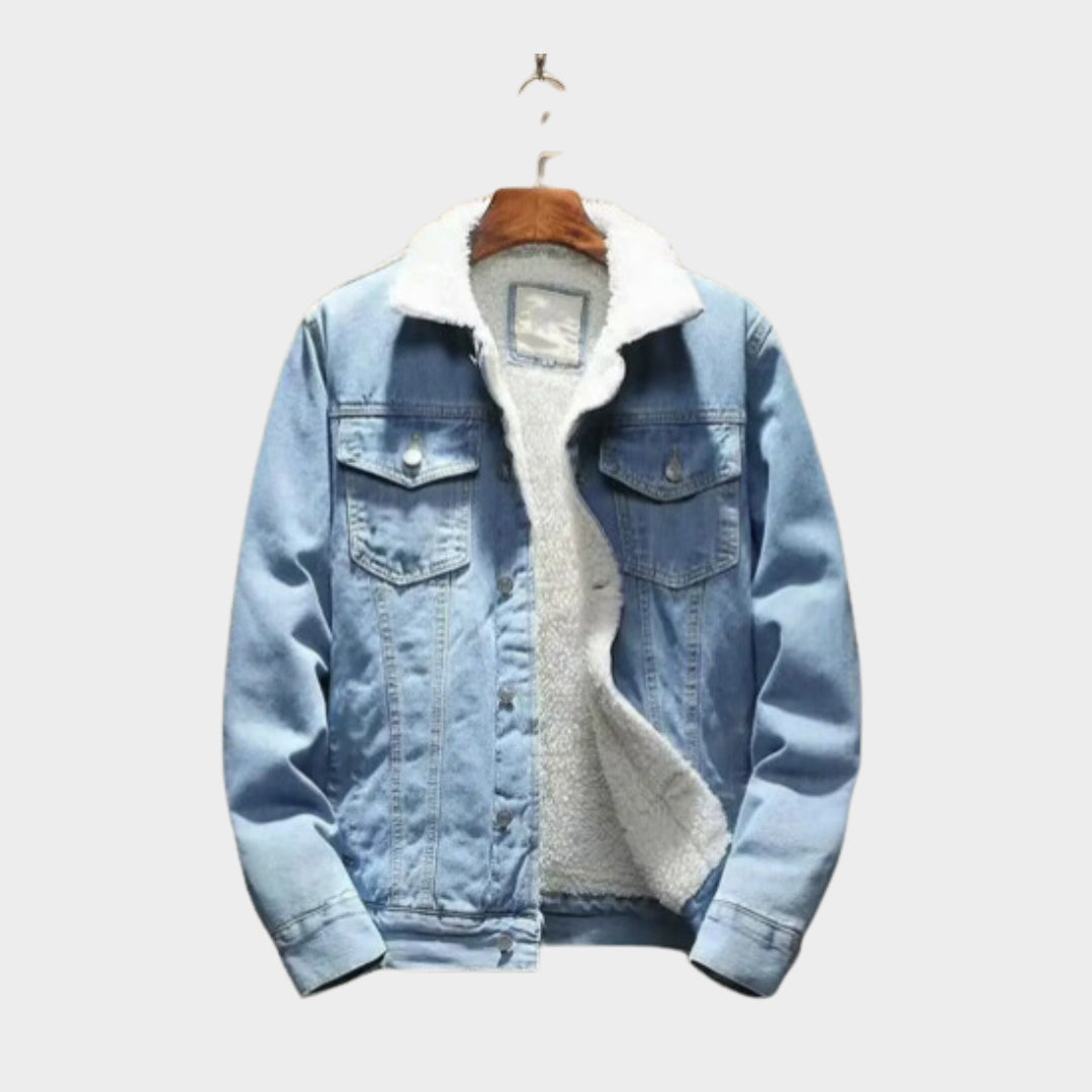 Men's Jean Jacket - Thick Lamb Cashmere Lining - Winter Denim Coat - Coldproof Outerwear - Light Blue, Black, Dark Blue