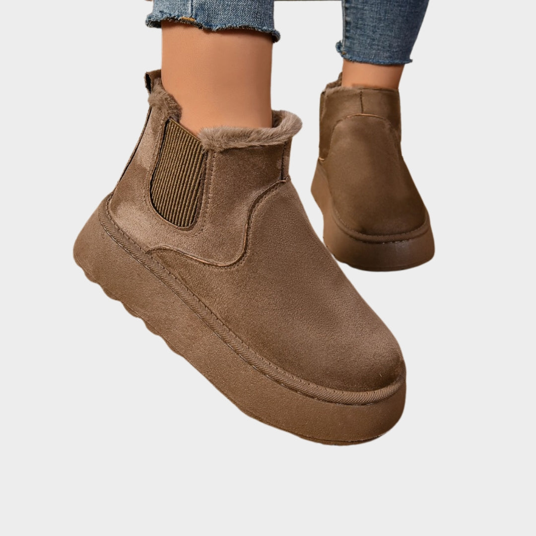Women’s Short Plush Warm Chelsea Boots - Winter Suede Fur Ankle Platform Flats, Beige, Black,  and More