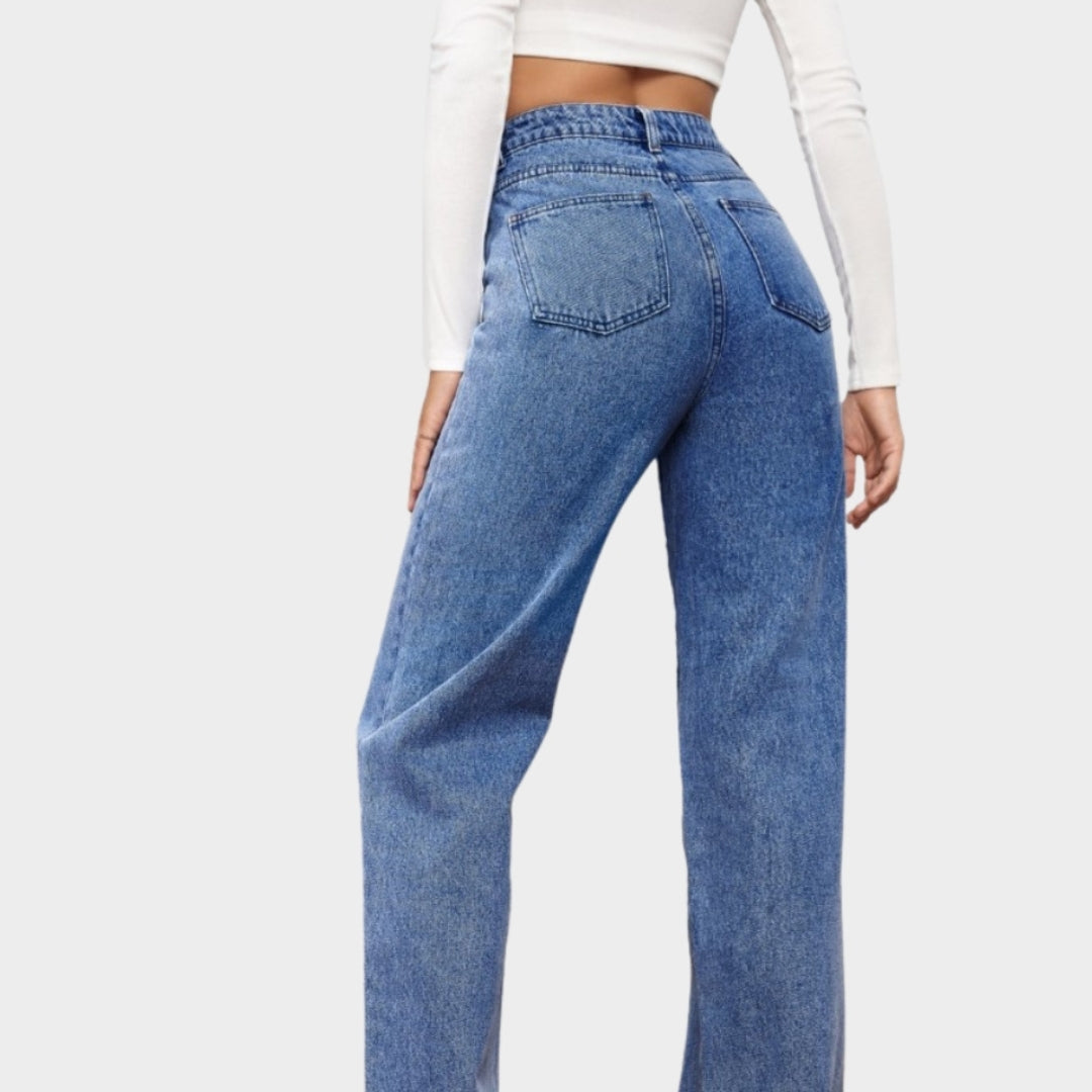 Women's High-Waist Straight Jeans - Vintage Washed Denim Pants with Pockets (Black, Blue, Light Blue)