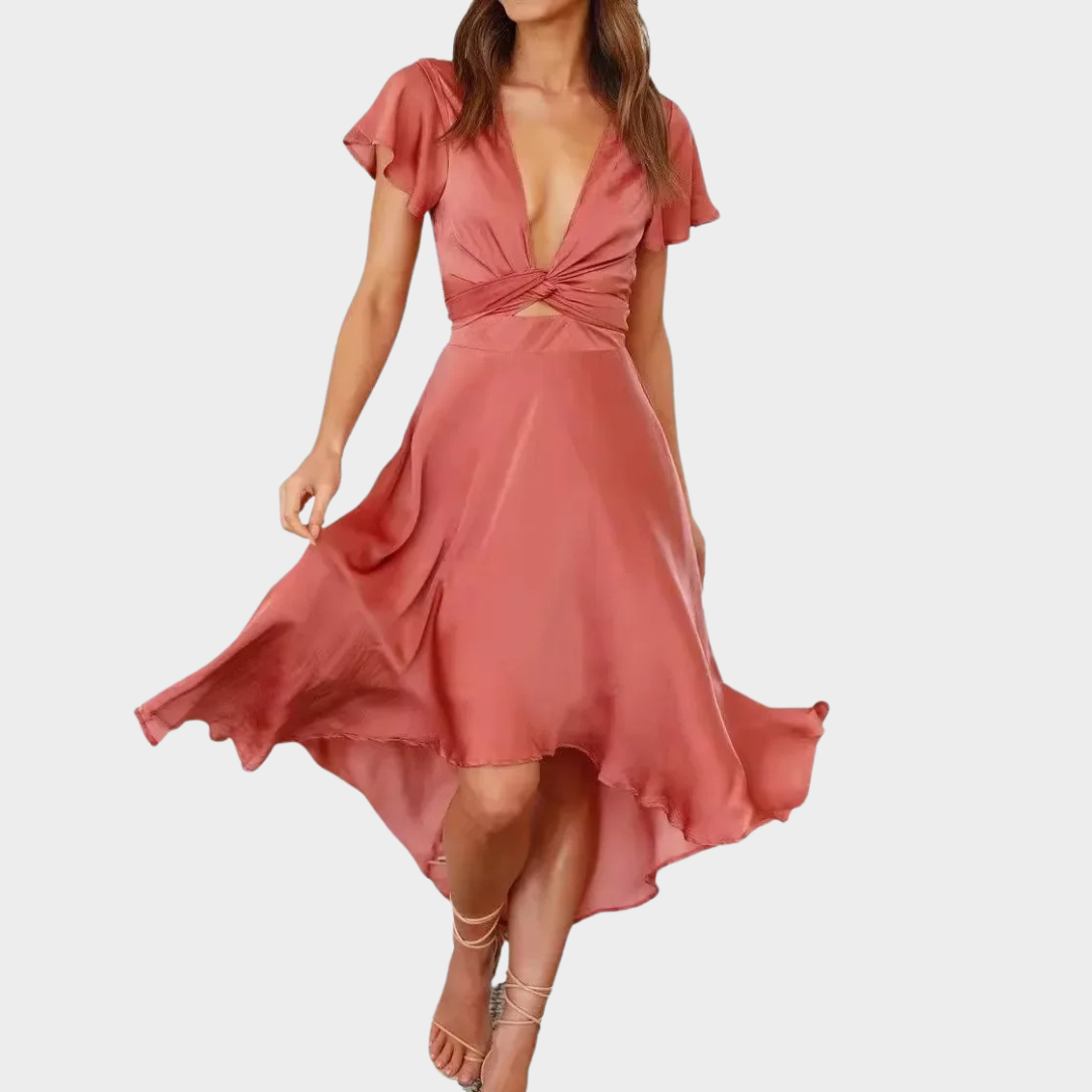 Women’s V-Neck Short Sleeve Satin Dress – Irregular Hem with Elegant Drape – Lightweight Silky Fit – Multiple Colours