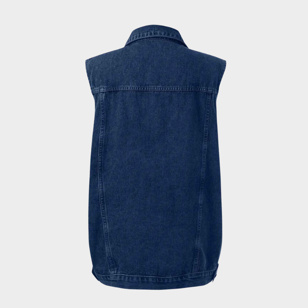 Women's Long Denim Vest - Sleeveless Loose Fit - Button-Up Jeans Coat - Casual Streetwear - Blue
