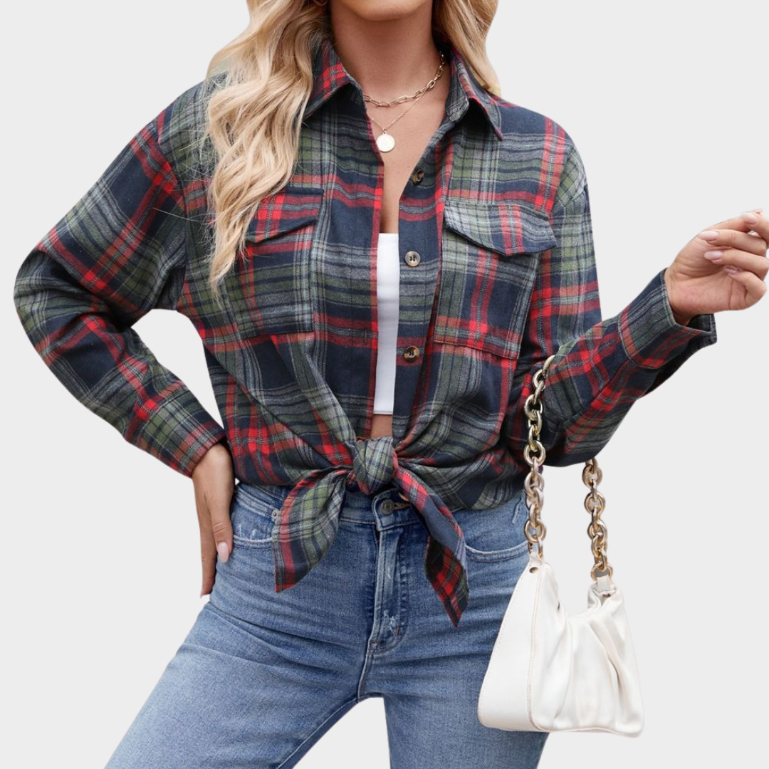 Women’s Loose Fit Button-Up Shirt – Plaid Pattern with Pocket Detail – Lightweight Casual Style – Cotton Blend – Multiple Colours