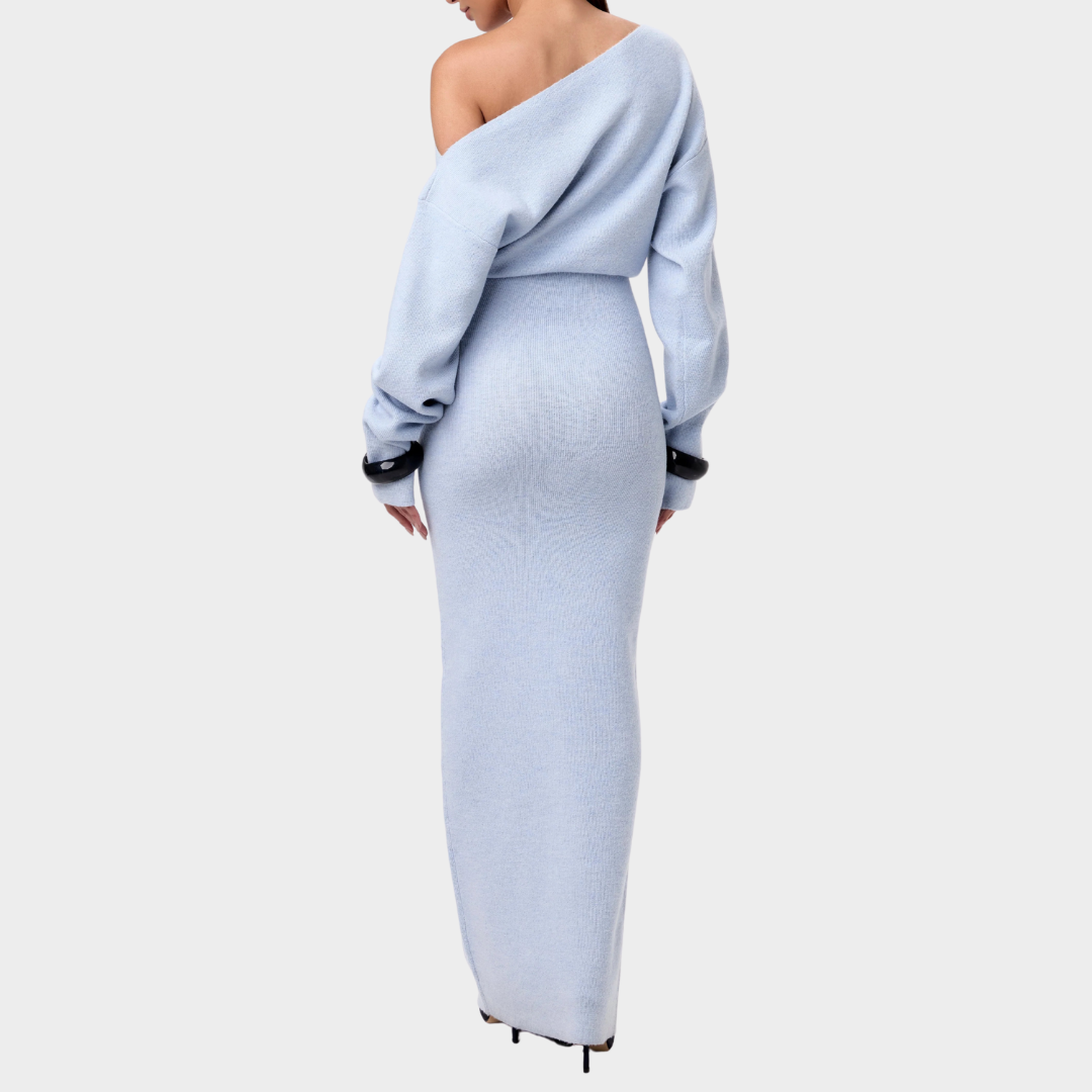 Women’s Long Dress – Off Shoulder Sloping Collar – Long Sleeve Solid Colour – Elegant Slim Fit Design – Multiple Colours