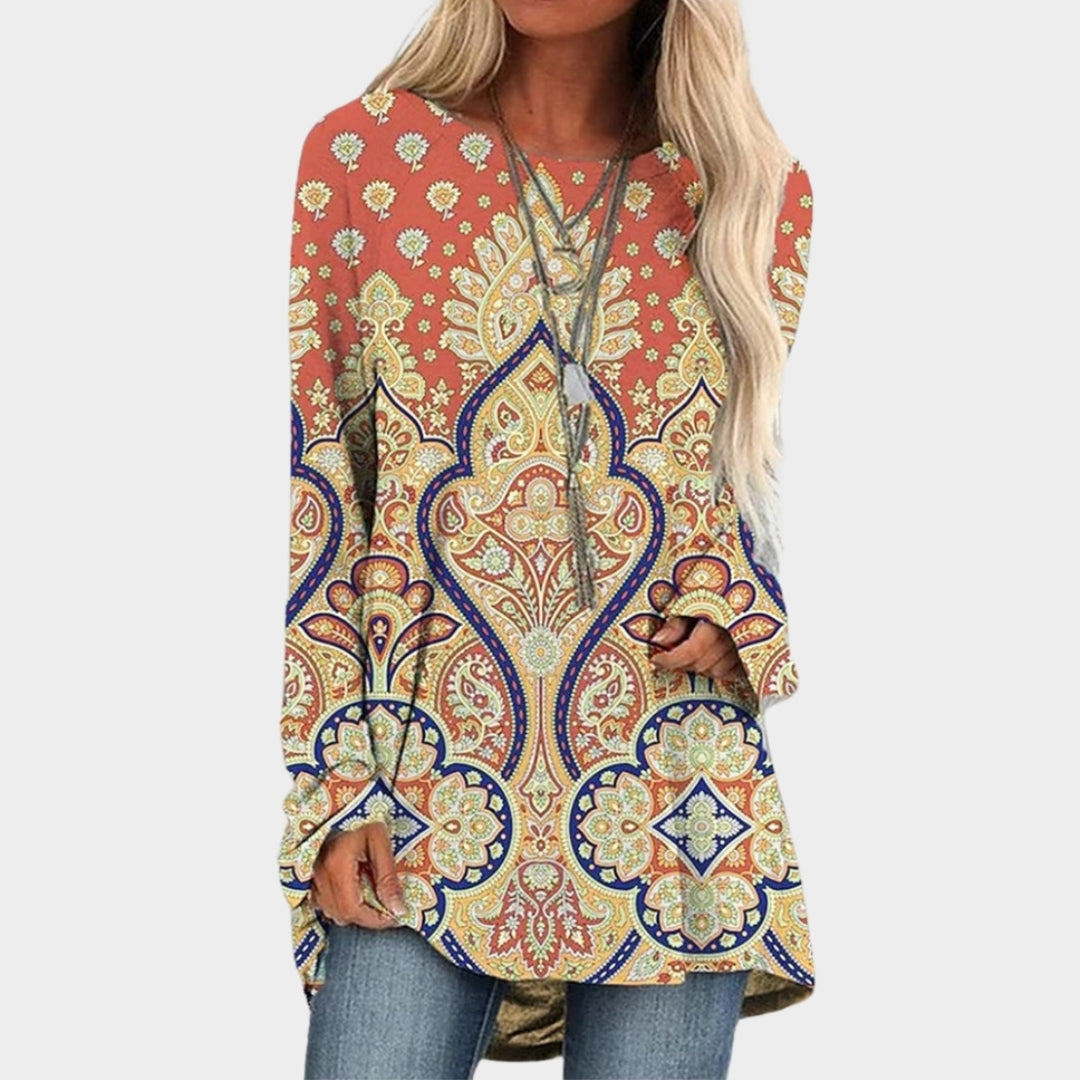 Winter Women’s Long Sleeve T-Shirt - Round Neck, Loose Fit, Printed Top (Green/Red, Brown/Blue, and More)