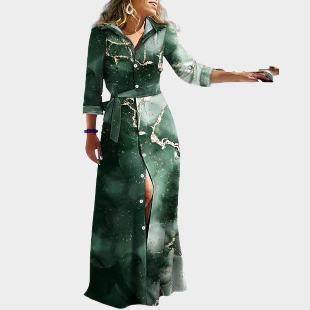 Women’s Printed Shirt Dress – Long Sleeve Maxi Dress with Lace-Up Waist – Turn-Down Collar Single Breasted Style – Multiple Colours