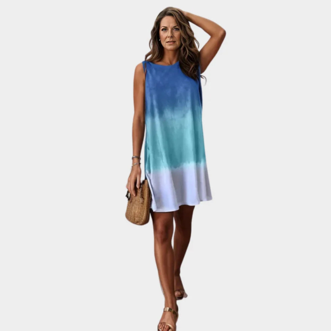 Women's Sleeveless Summer Dress – Tie-Dye Print, Round Neckline, Casual Look, Grey & Blue