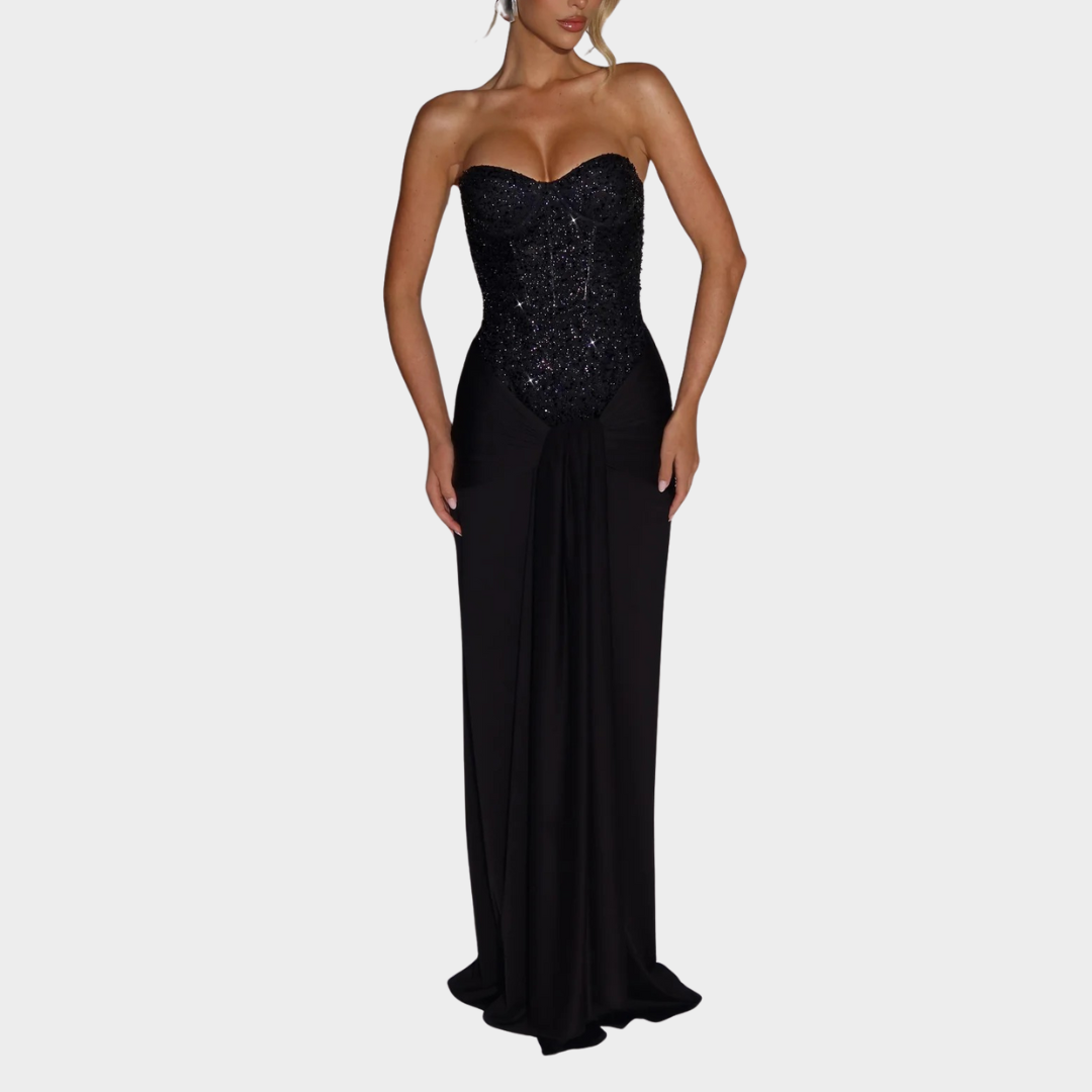 Women’s Off-Shoulder Evening Gown – Luxury Strapless Party Dress with Embellished Mesh Bodice and Slinky Jersey Skirt – Multiple Colours