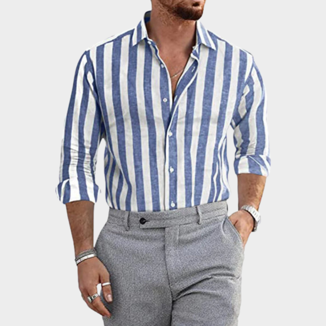 Men's Striped Long Sleeve Shirt – Turn-Down Collar – Button-Up – Multiple Colours