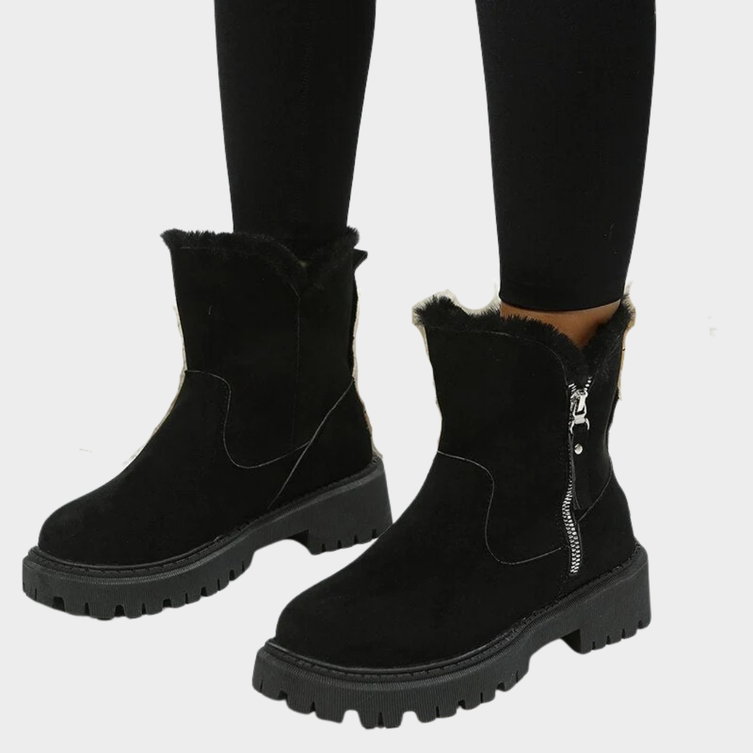 Women’s Ankle Boots – Warm Lined Suede Look with Side Zip – Faux Fur Interior – Non Slip Lug Sole – Multiple Colours