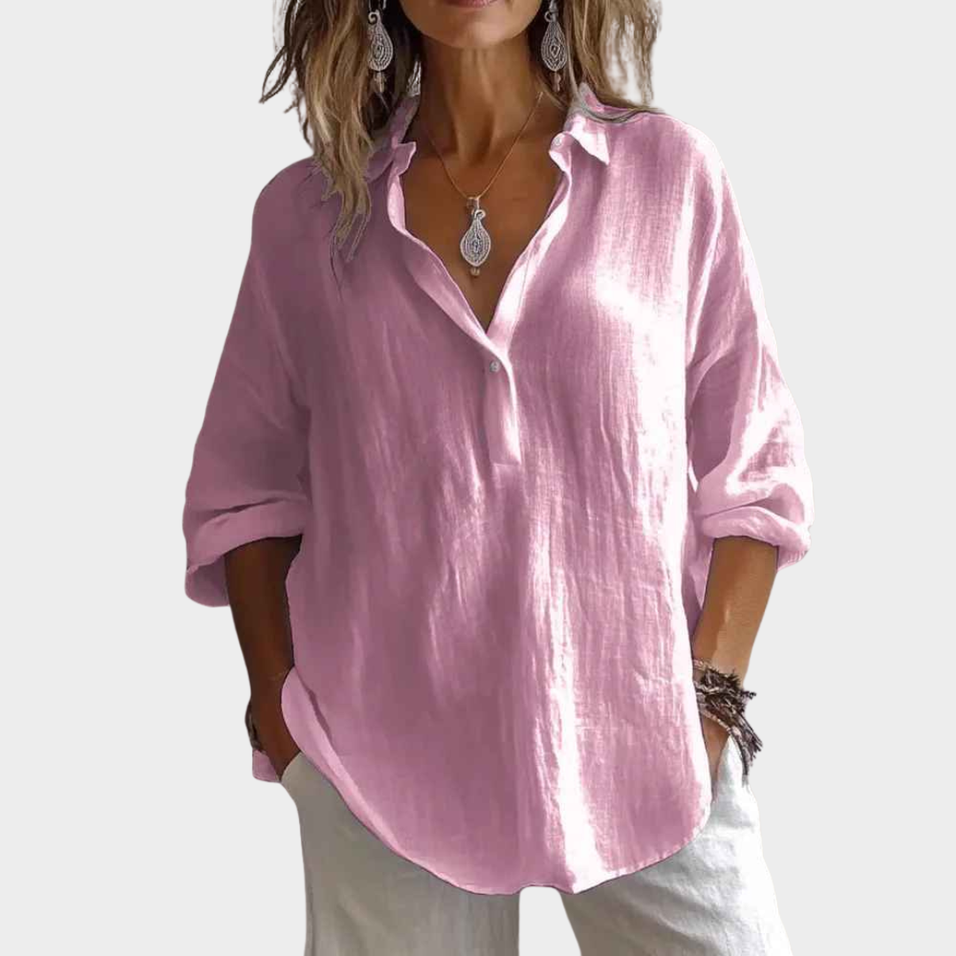 Women Loose Blouse – Cotton Linen Shirt with Lace-Up Collar – Multiple Colours