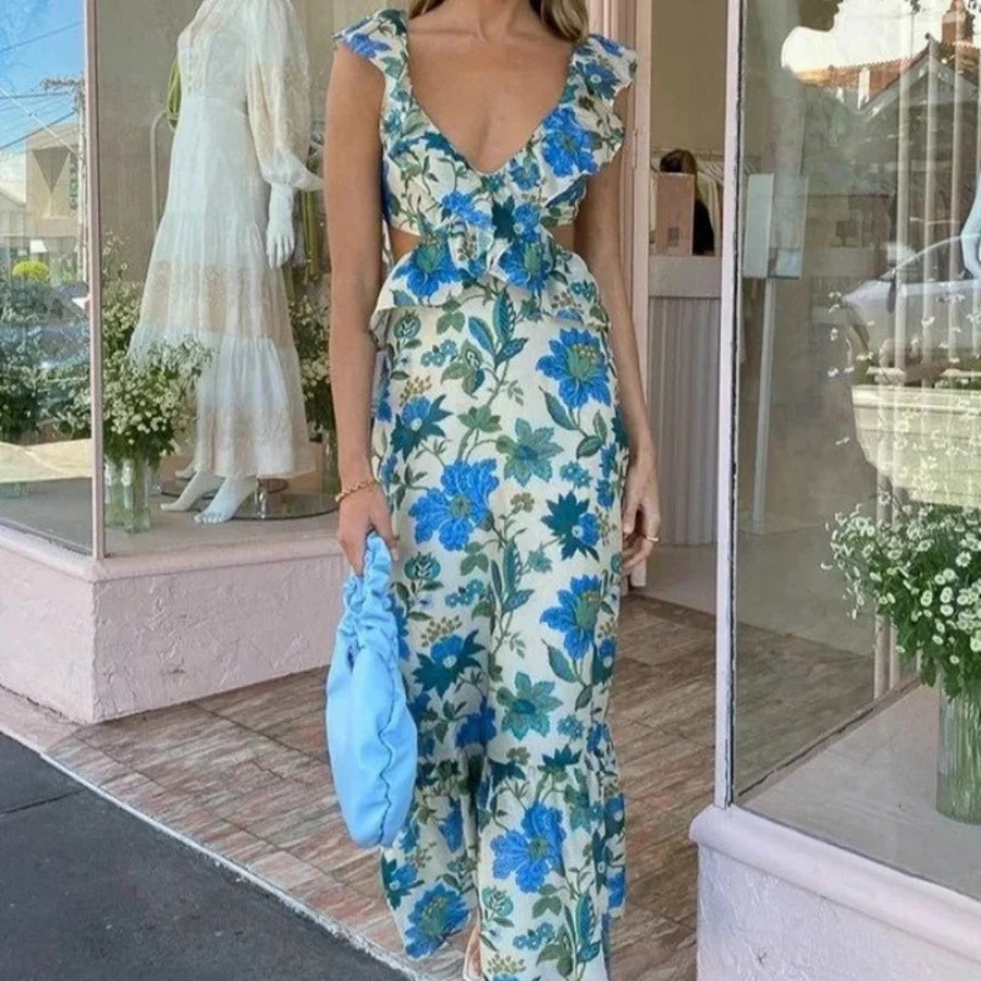 Women’s Casual Slip Dress – Sleeveless Ruffled Long Fit with Printed Detail – Lightweight Beach Style – Multiple Colours