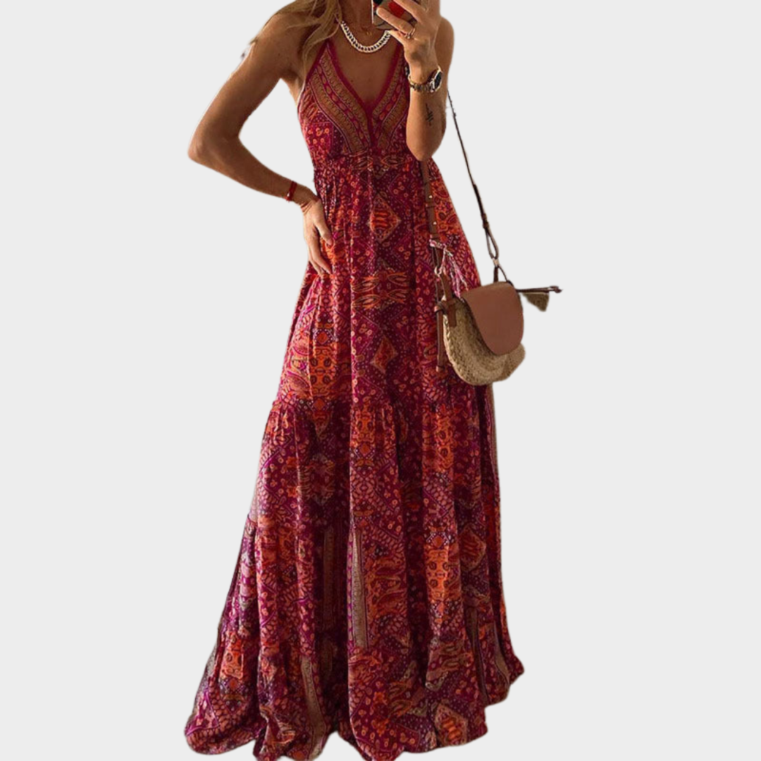 Women's Spaghetti Strap Maxi Dress – Bohemian Style – Vintage Printed – Multiple Colours