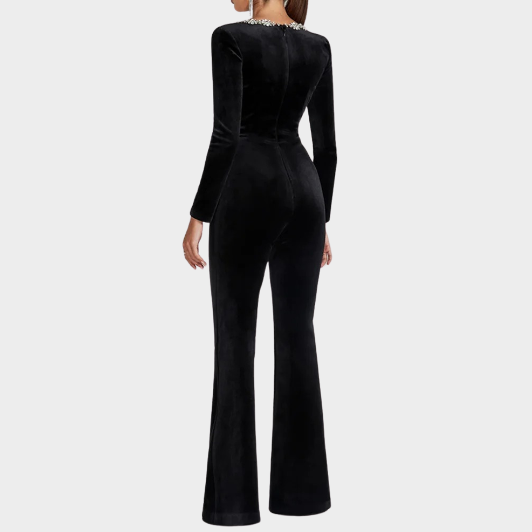 Square Collar Jumpsuit - Women's Casual Patchwork Playsuit - Long Sleeve - Flare Pants - Black