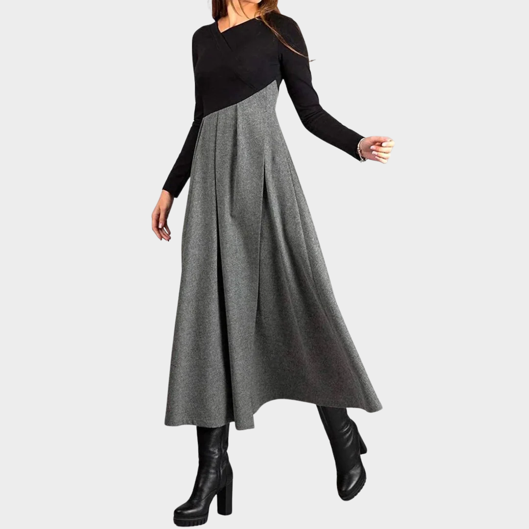 Women Elegant V-Neck Long Sleeve Dress – Tweed A-Line Mid Waist with Colour Block Design – Sophisticated Casual Wear – Grey
