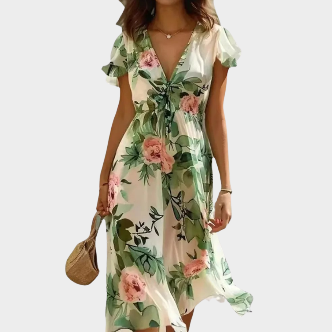 Women's Elegant Midi Dress – Short Sleeve Boho Style Party Dress – V-Neck Floral Print with Lace-Up Waist – Multiple Colours