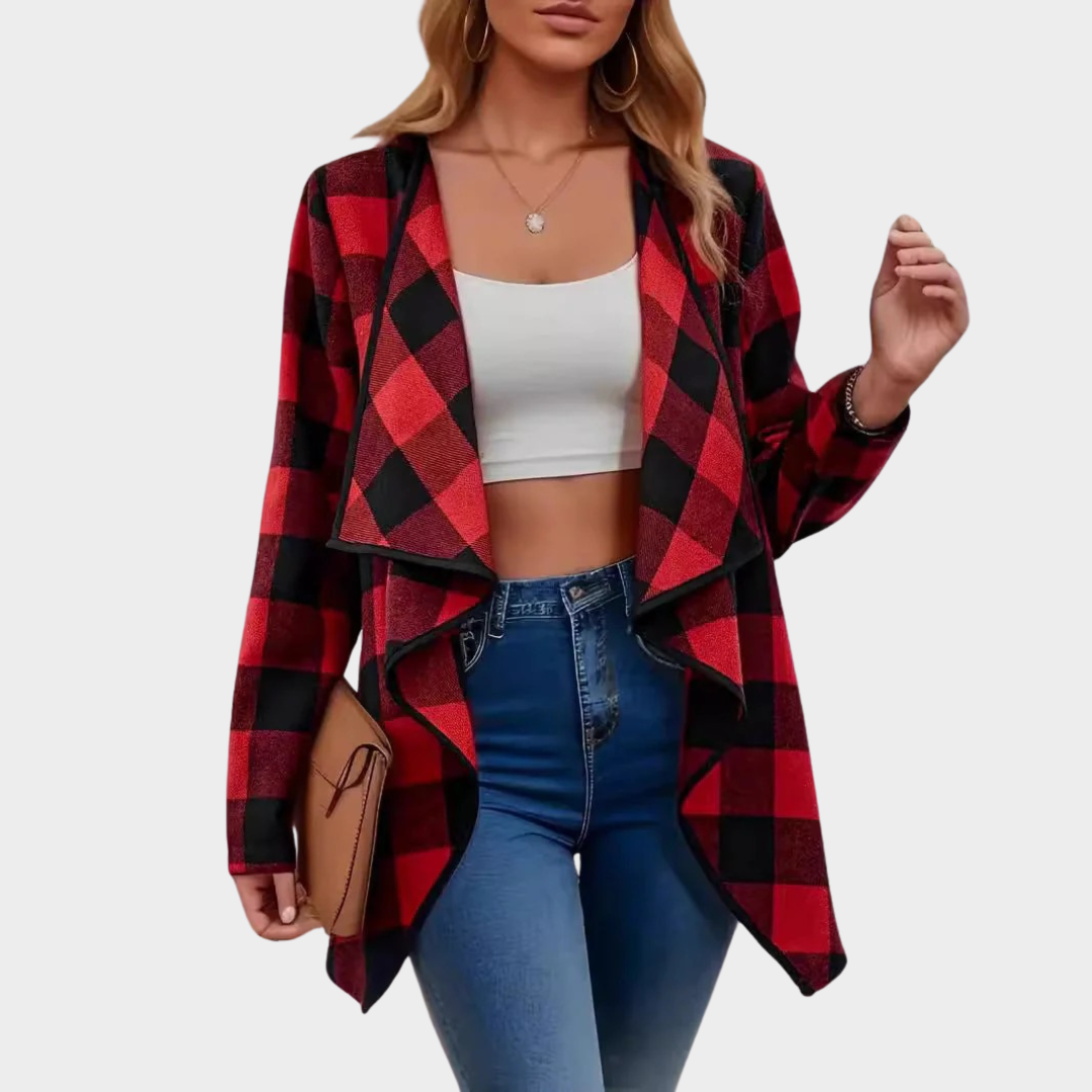 Women’s Open-Front Coat – Relaxed Fit Draped Style – Soft Feel – Plaid Pattern – Multiple Colours