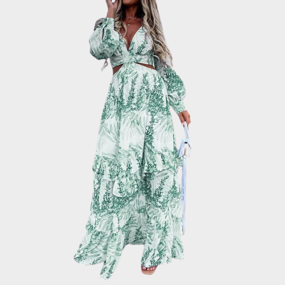 Women's Long Sleeve Maxi Dress – Deep V-Neck Ruffle Spliced Fit – Elegant Print – Multiple Colours