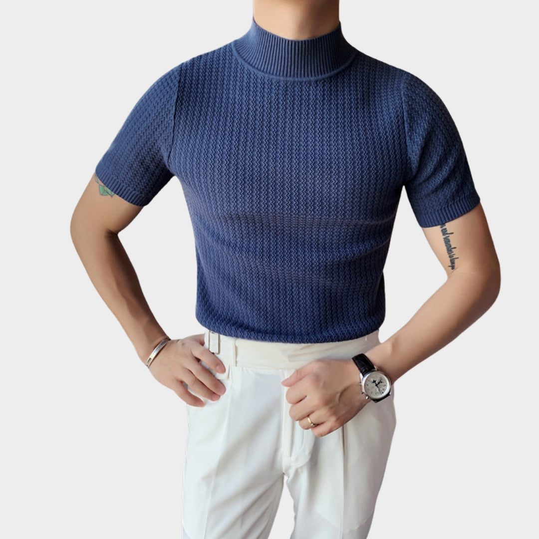 Men’s Short Sleeve Knitted Sweater – Slim Fit Half High Neck Pullover, Black, White, Blue