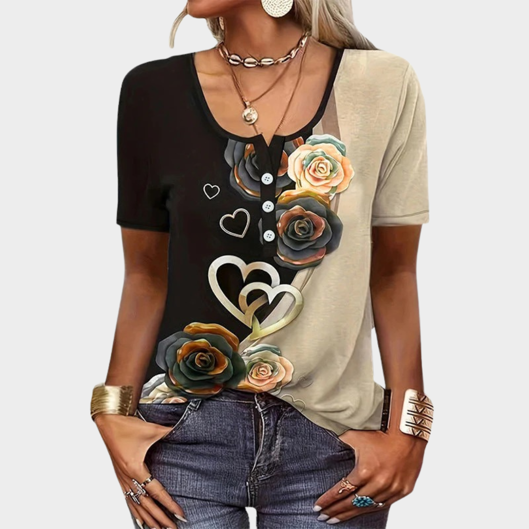 Women's Short Sleeve Blouse – Loose Fit Ethnic Button Style with 3D Floral Print – Multiple Colours