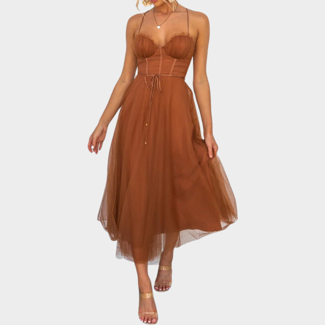 Women’s Long Backless Chiffon Dress – Spaghetti Strap Party Gown with Low Cut Lace-Up Back – Lightweight Mesh Fit – Multiple Colours