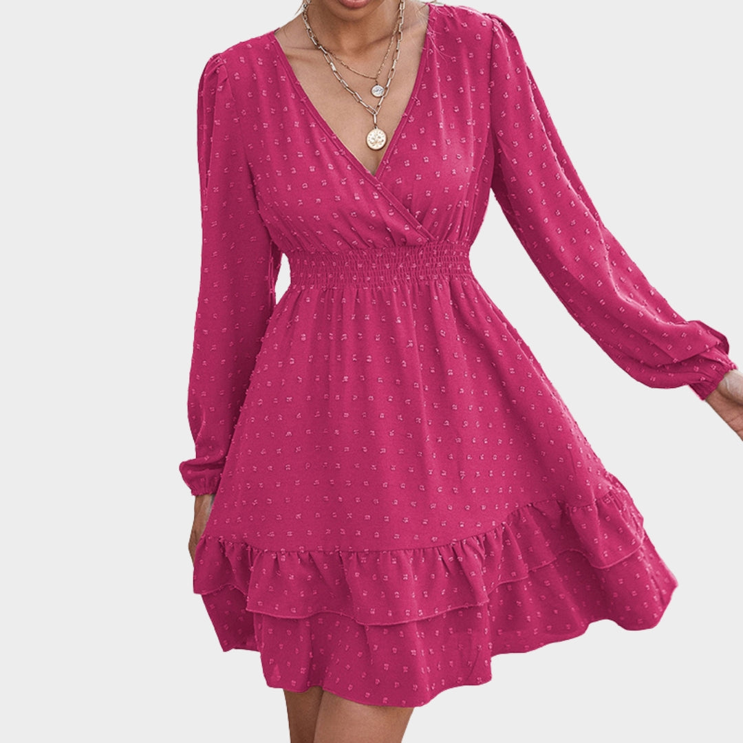Women's Chiffon A-Line Dress - V-Neck - Long Lantern Sleeve - Waist Ruffle Detail - Multiple Colours