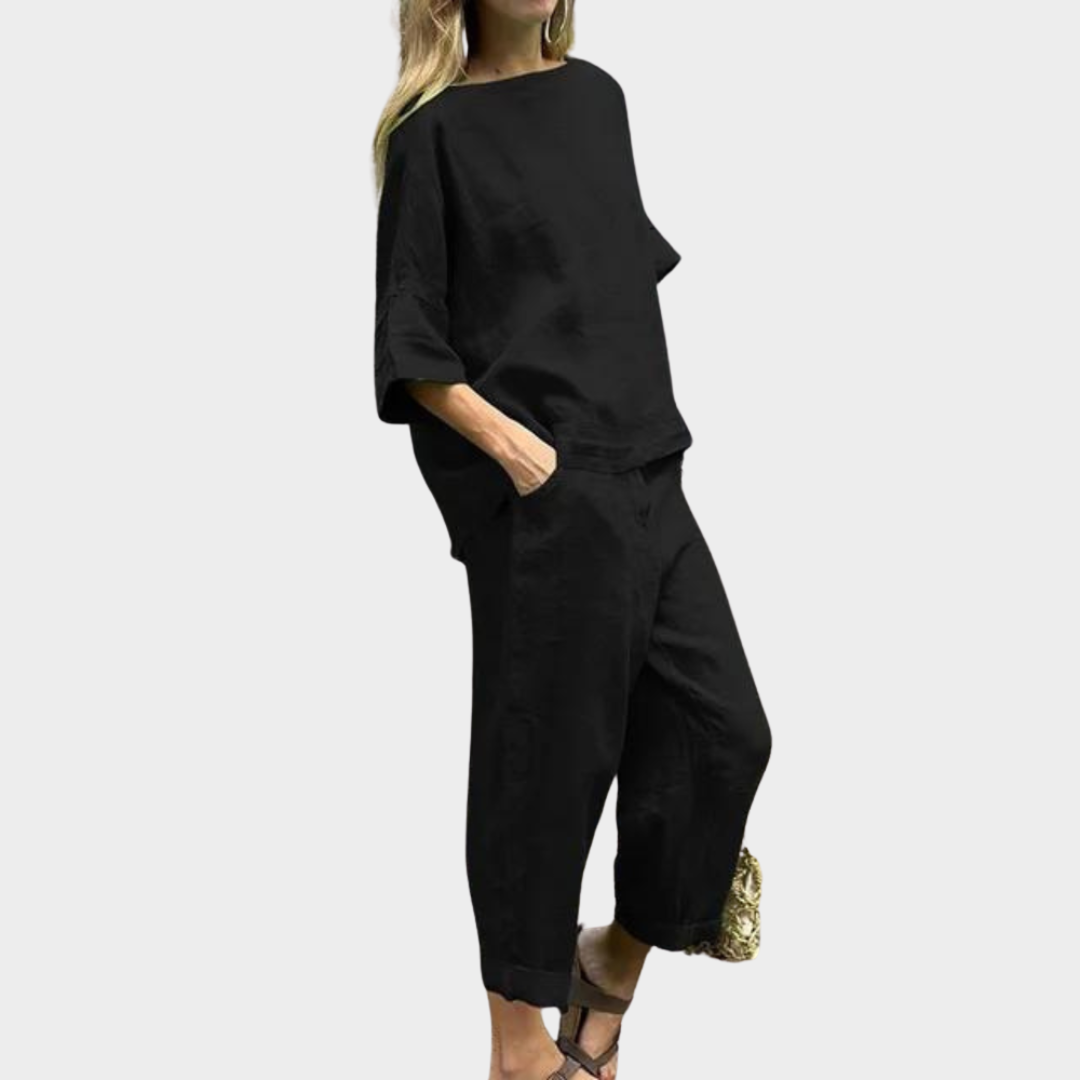 Women's 2-Piece Cotton Linen Set – Loose-Fit Shirt & High-Waisted Trousers – Multiple Colours