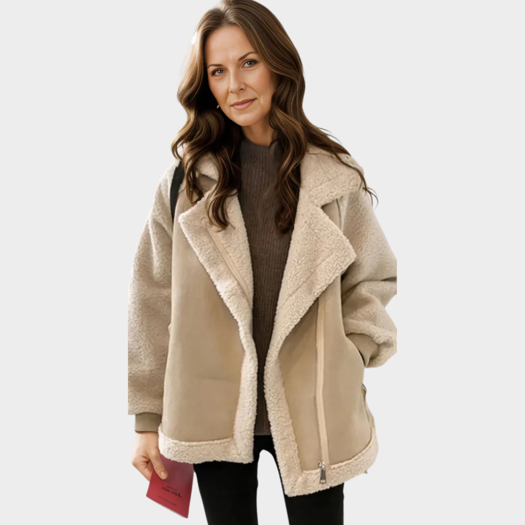 Women's Trendy Varsity Bomber Jacket – Thickened Fabric, Loose Fit, Harajuku Style, Winter Coat (Beige)