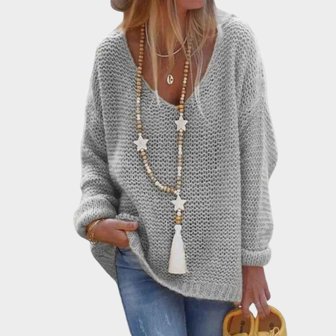 Women's V Neck Long Sleeve Knitted Loose Sweater – Hollow Out Pullover Knitwear Top – Multiple Colours