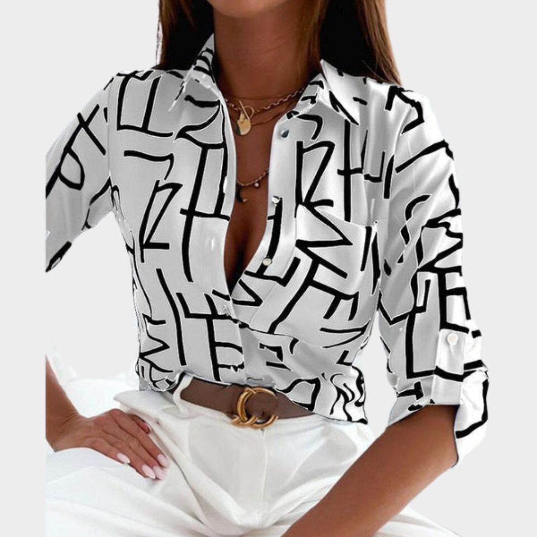 Women's Elegant Long Sleeve Blouse – Turn-Down Collar – Slim Fit – Vintage Printed Shirt – Multiple Colours